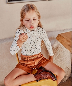 GEMO Tee-shirt fille en maille côtelée à motifs fleuris Beige