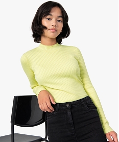 pull court a col cheminee en maille cotelee fille jaune pullsC183901_1