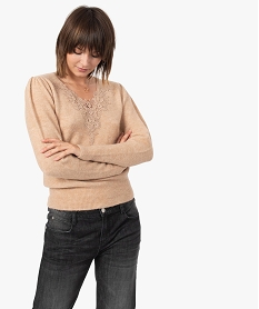 GEMO Pull femme avec col V en guipure Beige