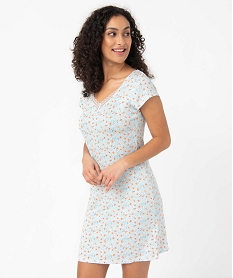 GEMO Chemise de nuit en maille extensible avec col V en dentelle femme imprime fleurs