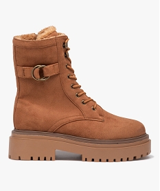 GEMO Boots fourrées femme dessus uni en suédine et à talon large Brun