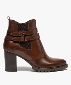 GEMO Boots femme à talon rainuré dessus en cuir uni marron standard