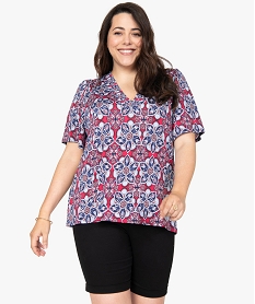 GEMO Tee-shirt femme grande taille à motifs fleuris et col V smocké Imprimé