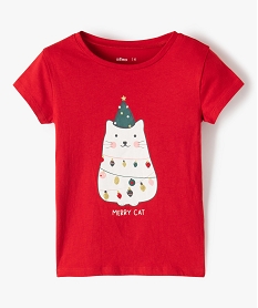 GEMO Tee-shirt fille à manches courtes avec motif Noël rouge standard