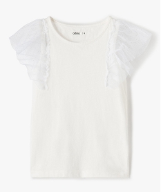 GEMO Tee-shirt fille avec empiècements en tulle sur les épaules blanc chine