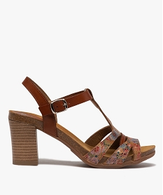 GEMO Sandales femme à talon compensé et brides en cuir imprimées marron vif