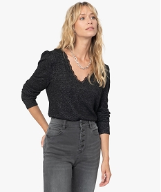 GEMO Tee-shirt femme en maille à col V en dentelle Gris
