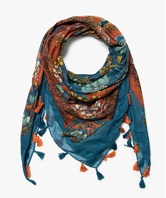 GEMO Foulard femme à motifs fleuris avec finitions pompons bicolores Brun