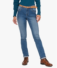 GEMO Jean femme regular taille normale délavé avec ceinture Gris