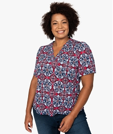 GEMO Tee-shirt femme grande taille à motifs fleuris et col V smocké Imprimé