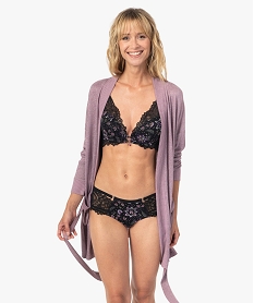 GEMO Veste dintérieur femme en maille duveteuse avec ceinture à nouer violet vif