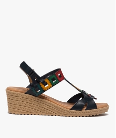 GEMO Sandales femme à talon compensé et brides en cuir colorées Bleu