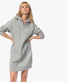 GEMO Robe pull femme en maille fantaisie avec col camionneur Gris