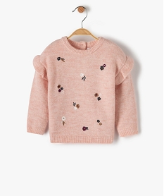 GEMO Pull bébé fille avec motifs fleurs brodés et volant aux épaules Rose