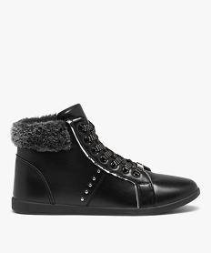 GEMO Baskets femme mid-cut à lacets brillants et col fourré noir standard
