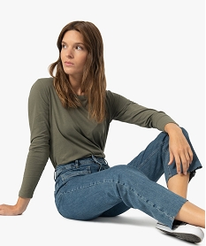 GEMO Tee-shirt femme à manches longues et large col rond Vert