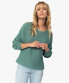 GEMO Pull femme en maille pailletée avec strass Vert