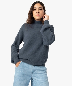 GEMO Pull femme en maille douce avec col montant Bleu