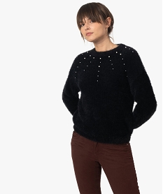 pull femme en maille poilue avec perles sur le buste noirF641201_1