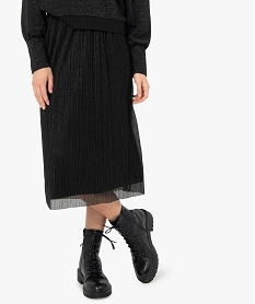 GEMO Jupe femme plissée en maille pailletée Noir