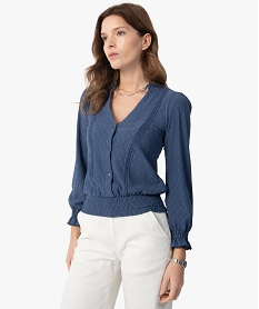GEMO Tee-shirt femme boutonné sur l’avant avec smocks Bleu