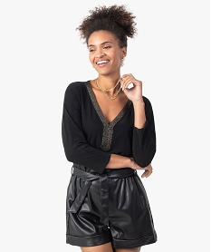 GEMO Tee-shirt femme avec col V fantaisie Noir