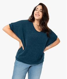 GEMO Pull femme grande taille en maille ajourée à manches courtes Vert