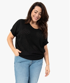 GEMO Pull femme grande taille en maille ajourée à manches courtes Noir