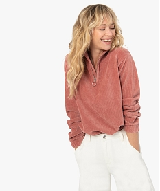 GEMO Sweat femme court en velours côtelé avec col zippé Rose