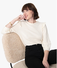 GEMO Tee-shirt femme à manches ¾ avec détails froncés Beige