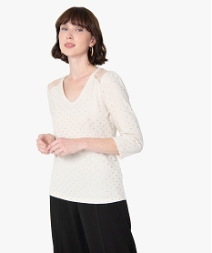 GEMO Tee-shirt femme en maille avec motifs pailletés Beige