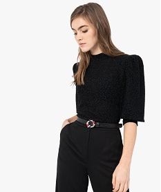 tee-shirt femme scintillant avec manches bouffantes noirF710301_1