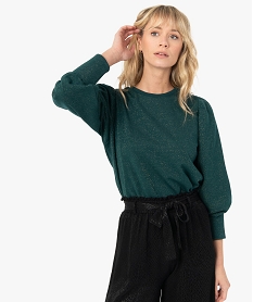 GEMO Sweat femme à paillettes et manches ballon Vert