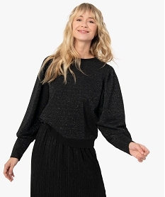 GEMO Sweat femme à paillettes et manches ballon Noir