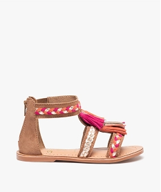 GEMO Sandales fille à tige montante en cuir et pompons colorés marron standard