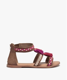 GEMO Sandales fille zippées à brides et pompons en cuir marron standard