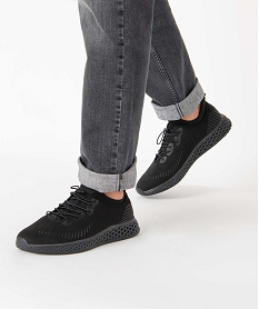 GEMO Baskets homme unies dessus en maille et semelle alvéolée noir vif