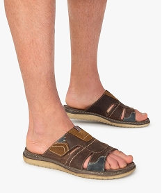 GEMO Mules homme ajustables à larges brides cuir marron chine