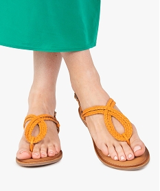 sandales femme a talon plat et brides tressees en cuir orangeF762401_1