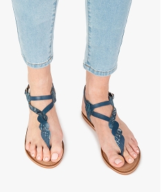 sandales femme a talon plat et entre-doigts en cuir coupe speciale pied large bleuF762901_1