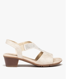 GEMO Sandales femme confort à talon et brides élastiques à strass Beige