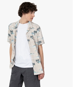 GEMO Chemise homme à manches courtes avec imprimé tropical et col cubain Beige
