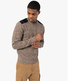 GEMO Pull homme en maille fantaisie avec patchs aux épaules Brun