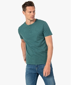 GEMO Tee-shirt homme col tunisien à manches courtes au coloris unique Vert