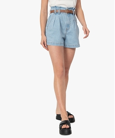 GEMO Short femme en jean avec ceinture à boucle Gris