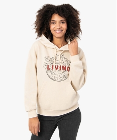 sweat femme a capuche avec motifs positif beigeF863501_1