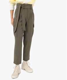 GEMO Pantalon femme en toile coupe large avec ceinture Vert