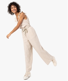 GEMO Pantalon femme contenant du lin avec ceinture à nouer Beige