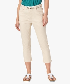 GEMO Pantacourt femme  en toile extensible avec ceinture tressée Beige