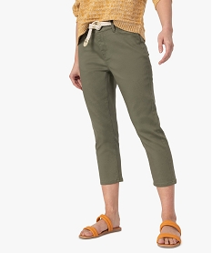 GEMO Pantacourt femme  en toile extensible avec ceinture tressée Vert